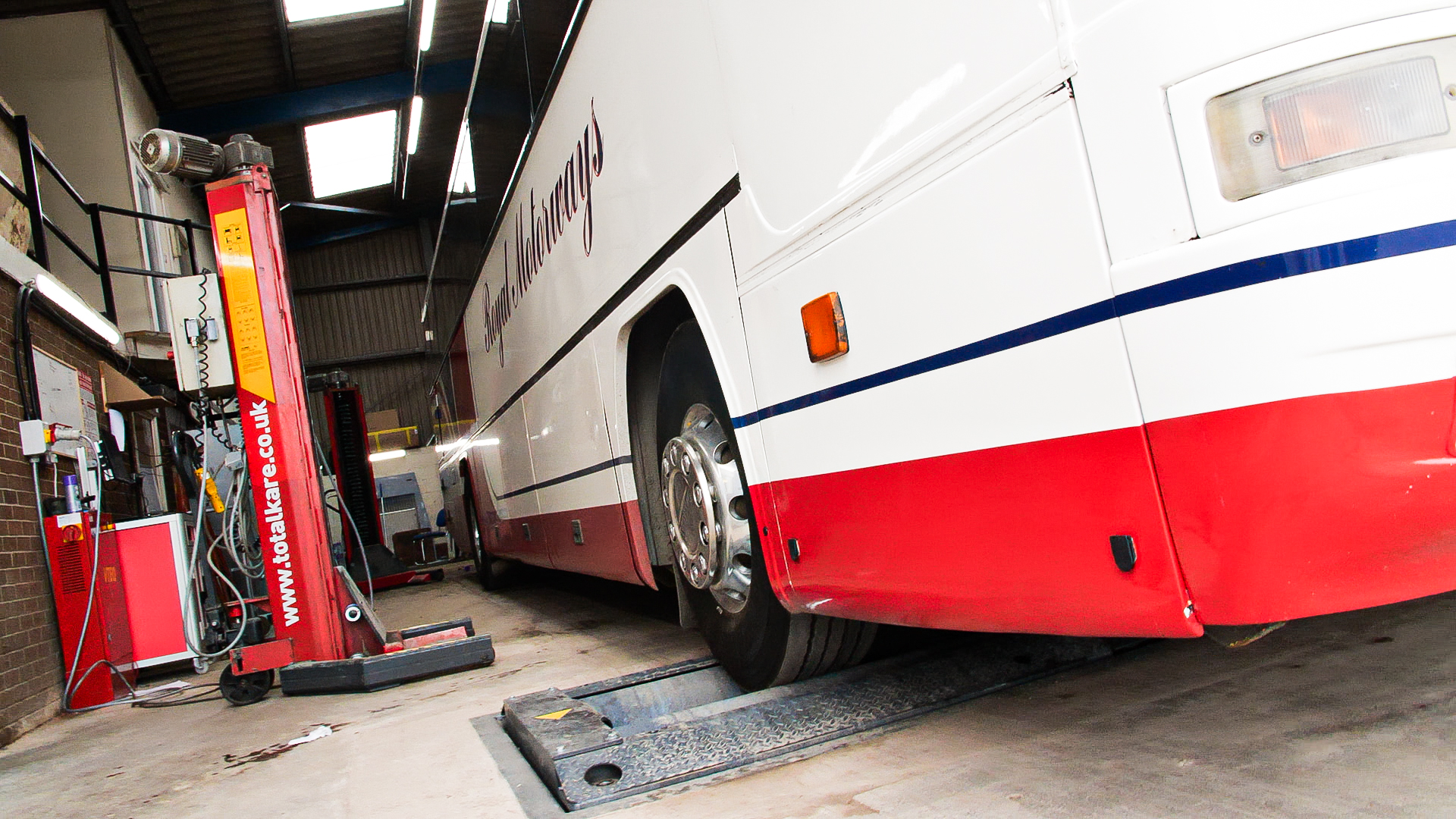 Royal Motorways Coach on a Totalkare in-ground brake tester