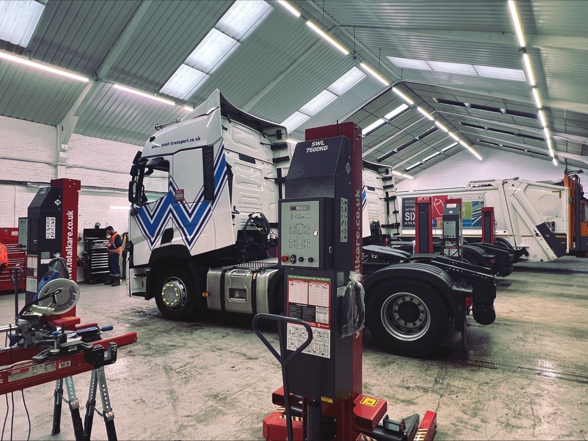 William West & Sons workshop with a HGV and T8DC mobile column lifts